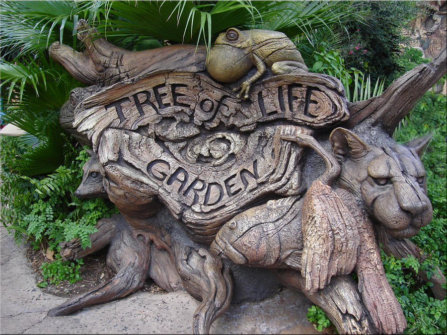 The sign for the Tree of Life Garden blends into the landscape surrounding the Tree of Life